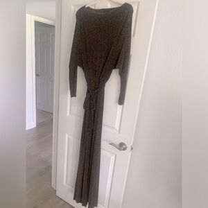 Copper metallic thread and black long formal stretchy dress.